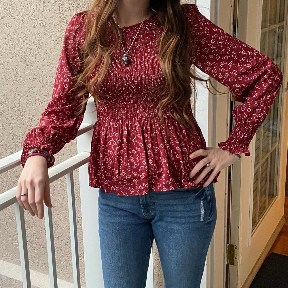 Elegant Red Floral Smocked Blouse